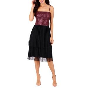 DRESS THE POPULATION Black And Red Sequin Tiered Tulle Dress Size Small